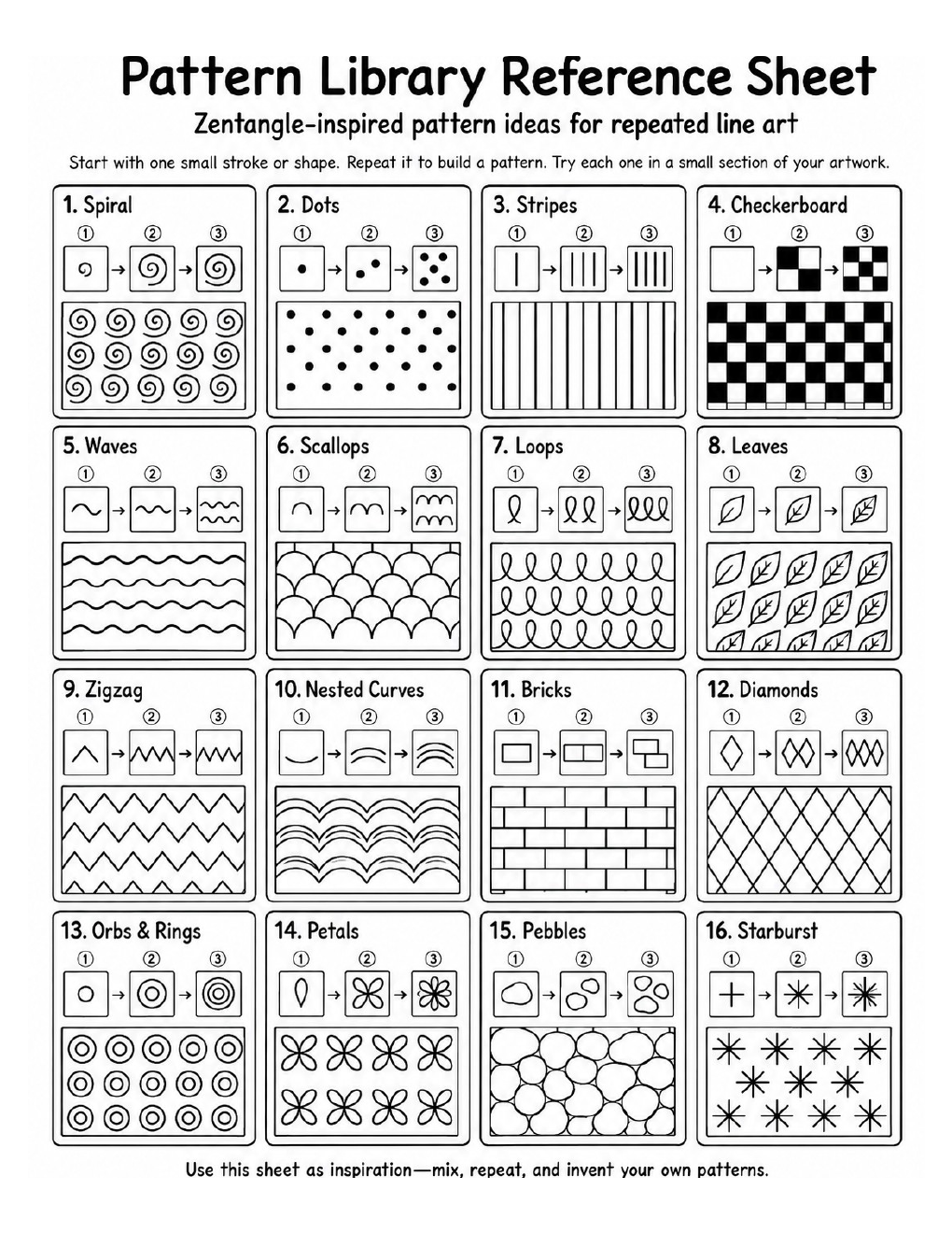 Reference sheet showing sixteen repeated line-art pattern ideas